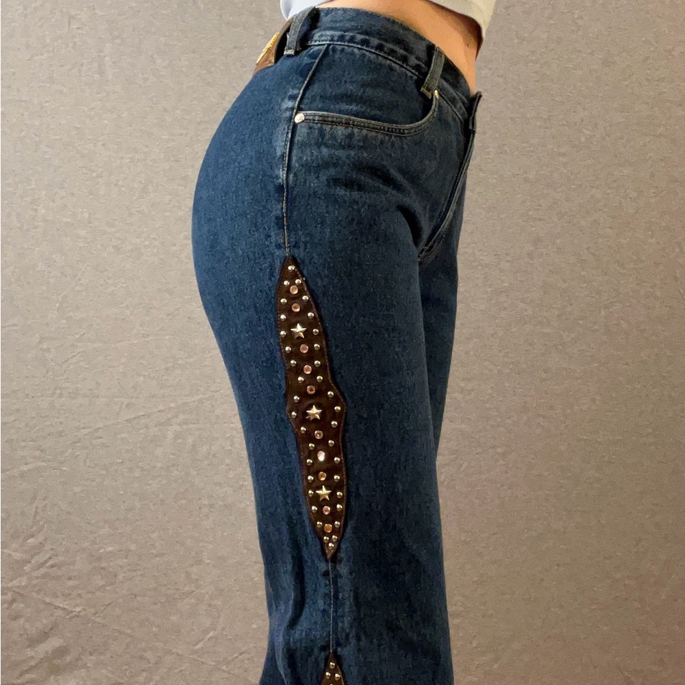 Blue Straight Leg Jeans with Unique Cutout Design